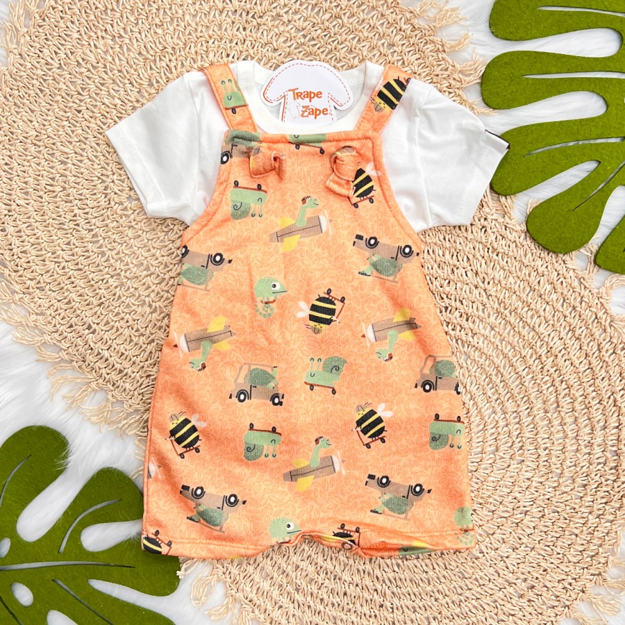 Conj. Camiseta Manga Curta e Jardineira Dinos com Bichinhos - Off White e Laranja